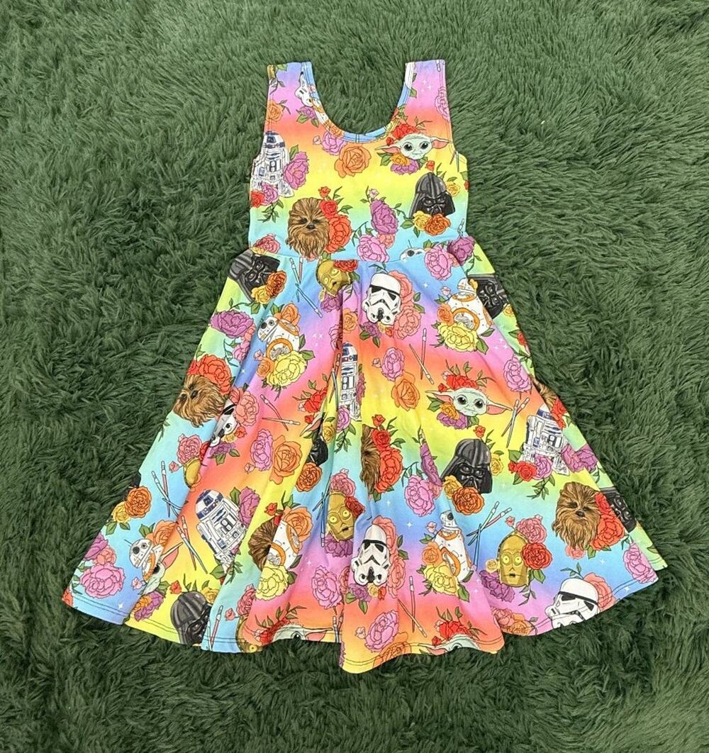 WILD RICH KIDS Girls Star Wars Floral Rainbow Skater Dress Size 11/12 Grogu R2D2